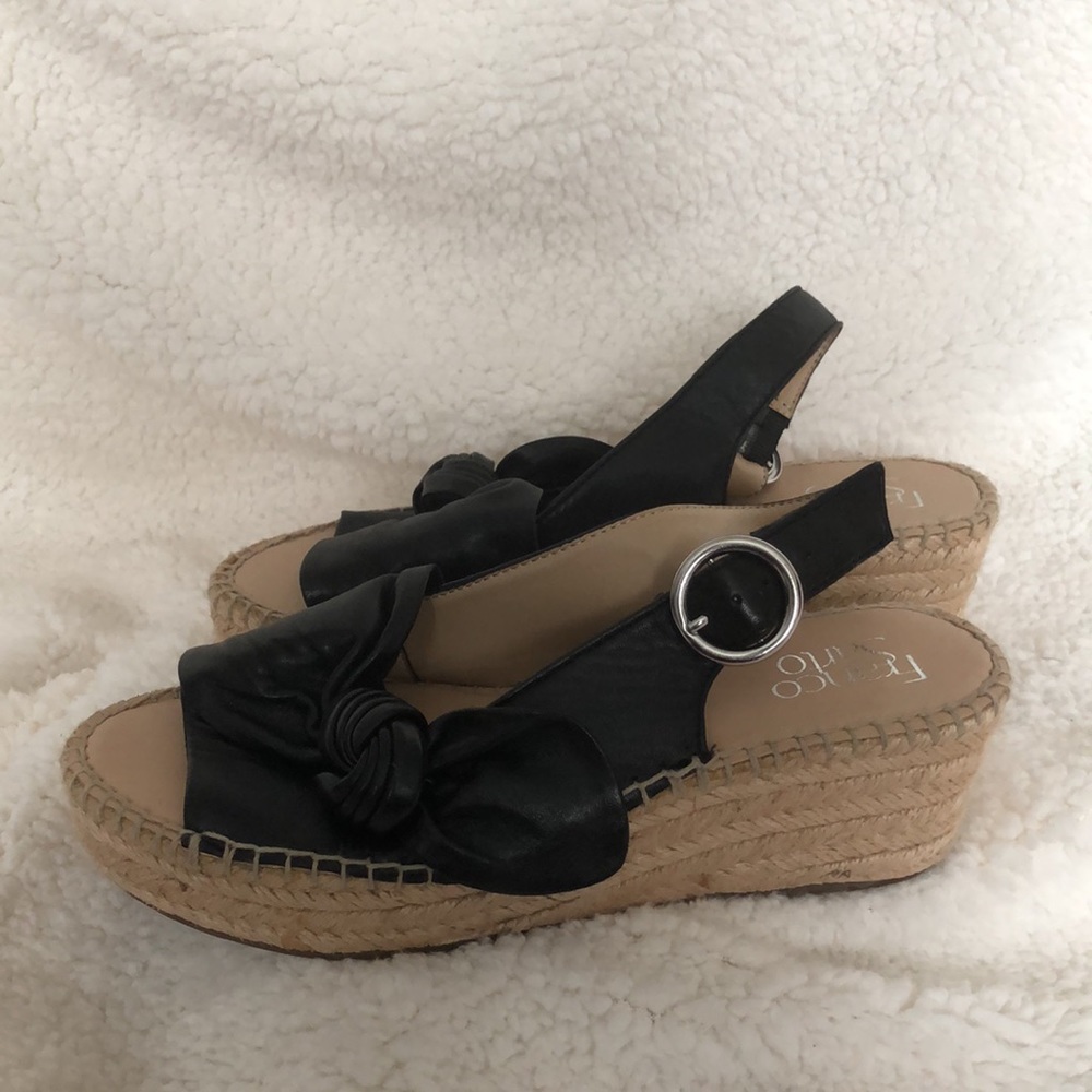 Women’s Franco Sarto Black Knot Leather Wedge Espadrille Open Sandals